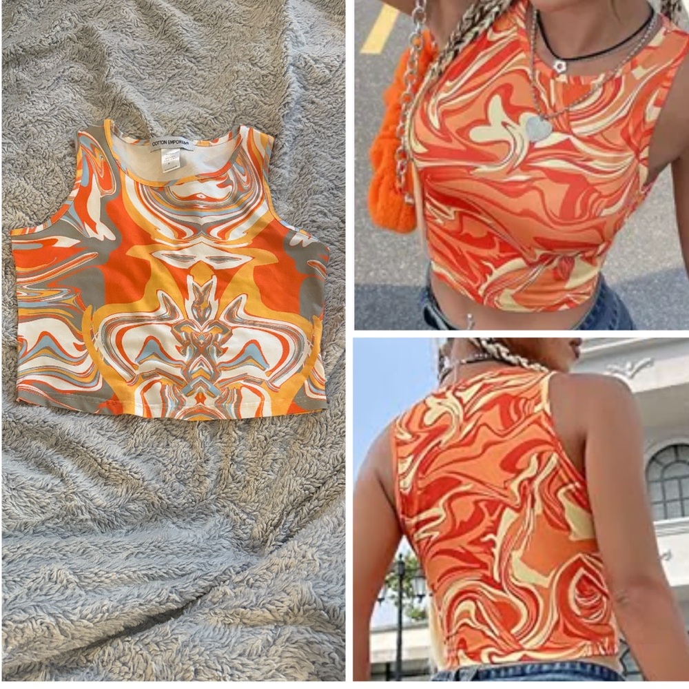Cotton Emporium Abstract Crop Top - Orange, Yellow, and Gray, size: S in EUC.